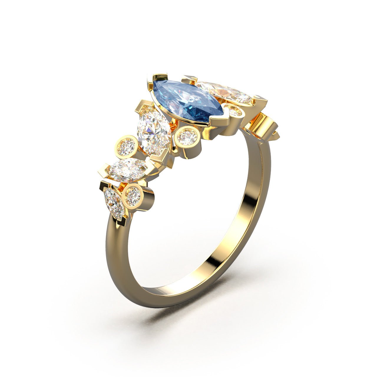 Bague Mme La Marquise Diamant Marquise Bleu, Or 18 carats - Lauredi