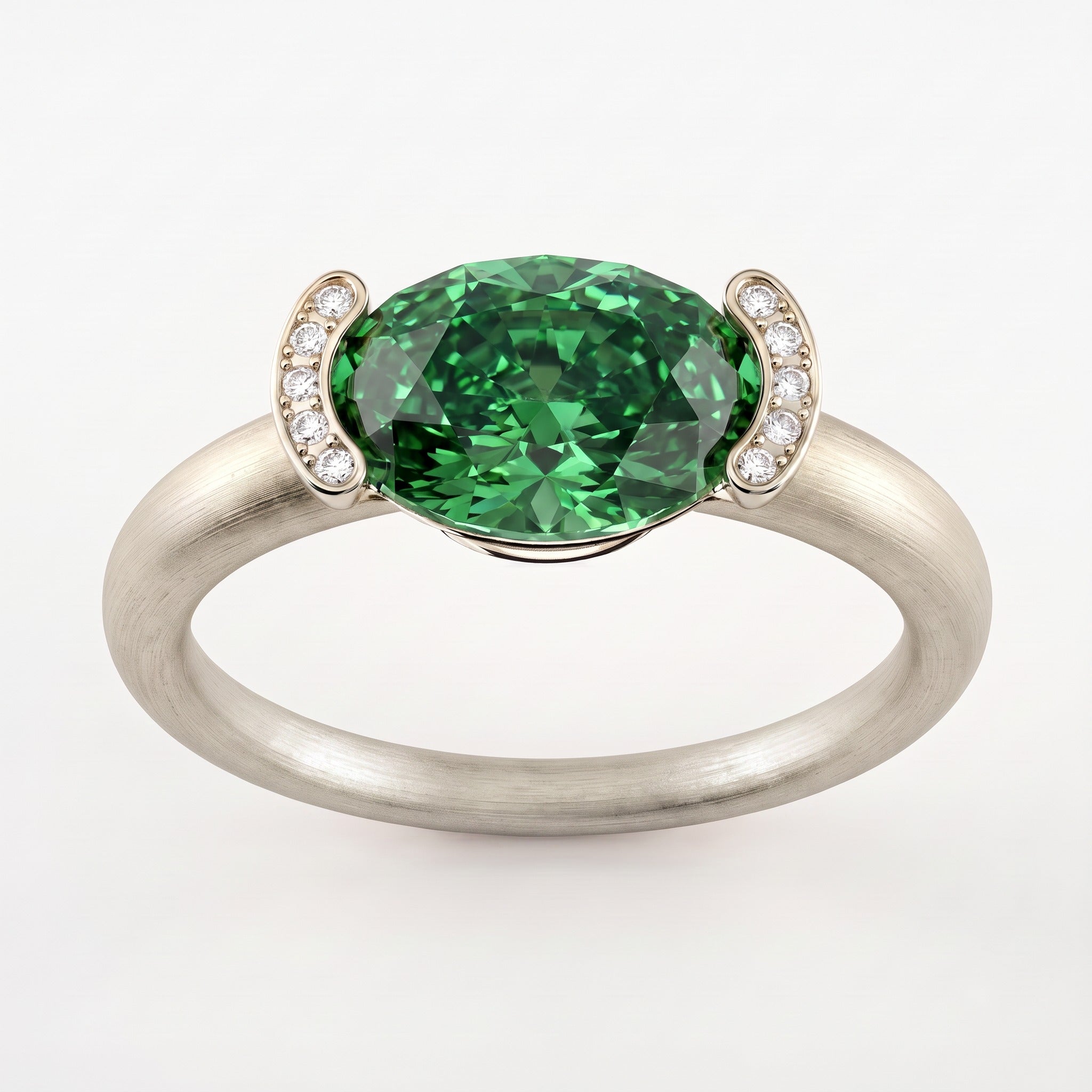 Bague Christine Bonbon en or blanc 18 carats recyclé, diamant de synthèse vert de taille ovale serti est-ouest entre deux croissants pavés - Lauredi