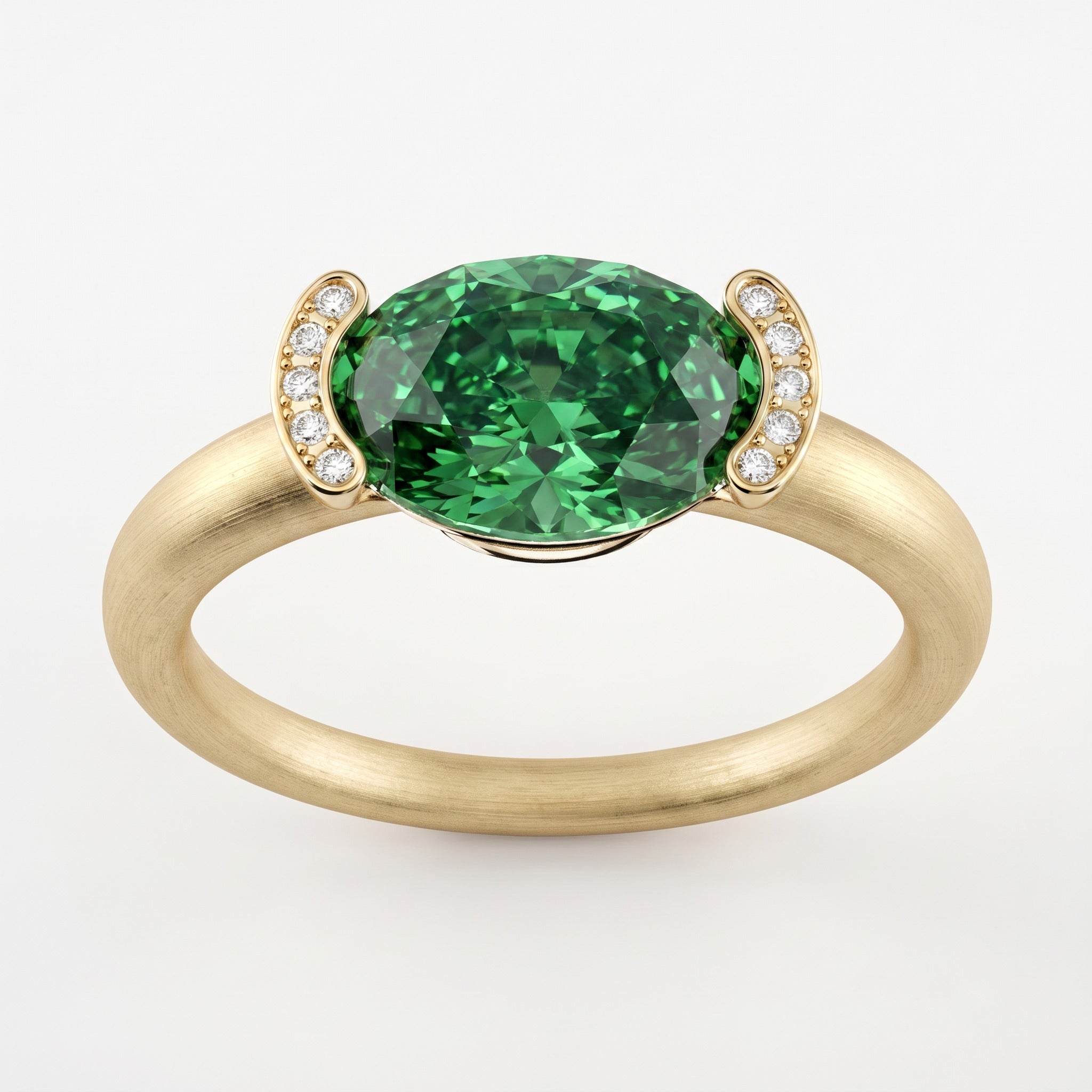 Bague Christine Bonbon en or jaune 18 carats recyclé, diamant de synthèse vert de taille ovale serti est-ouest entre deux croissants pavés - Lauredi