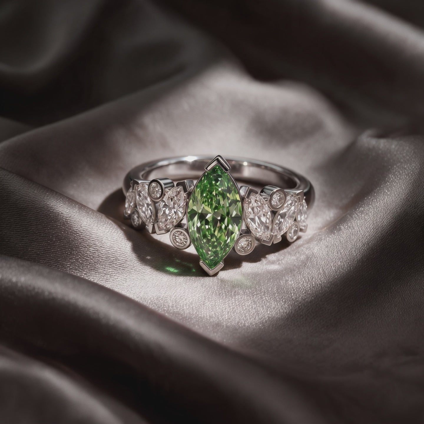 Vidéo bague Mme La Marquise diamant marquise vert sur satin - Lauredi
