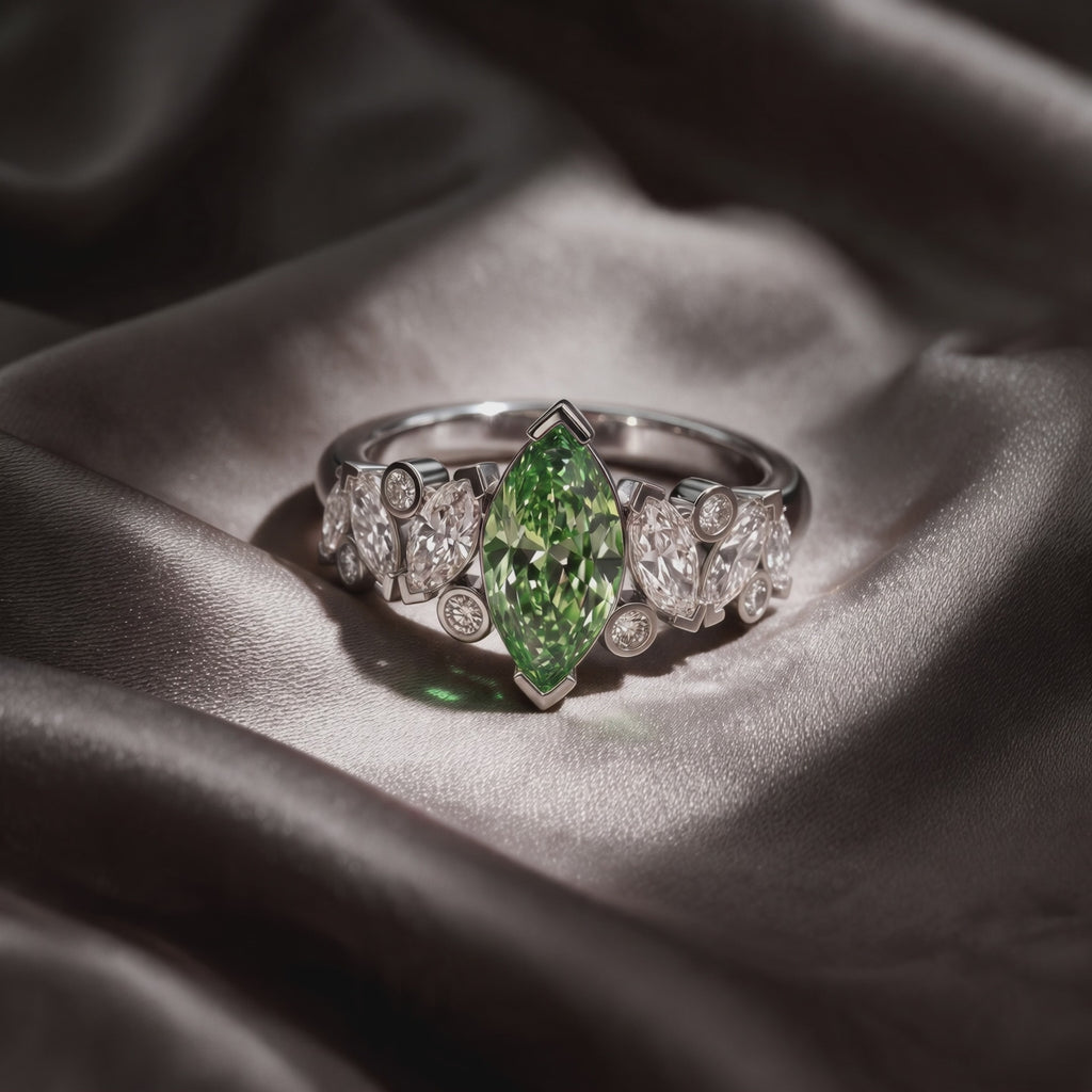 Vidéo bague Mme La Marquise diamant marquise vert sur satin - Lauredi