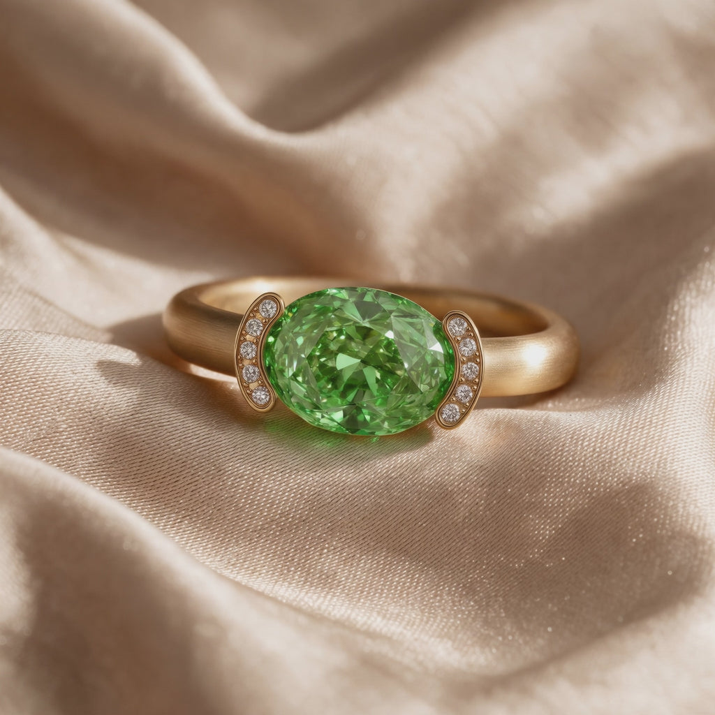 Vidéo bague Christine "pinkie ring" diamant vert sur satin - Lauredi