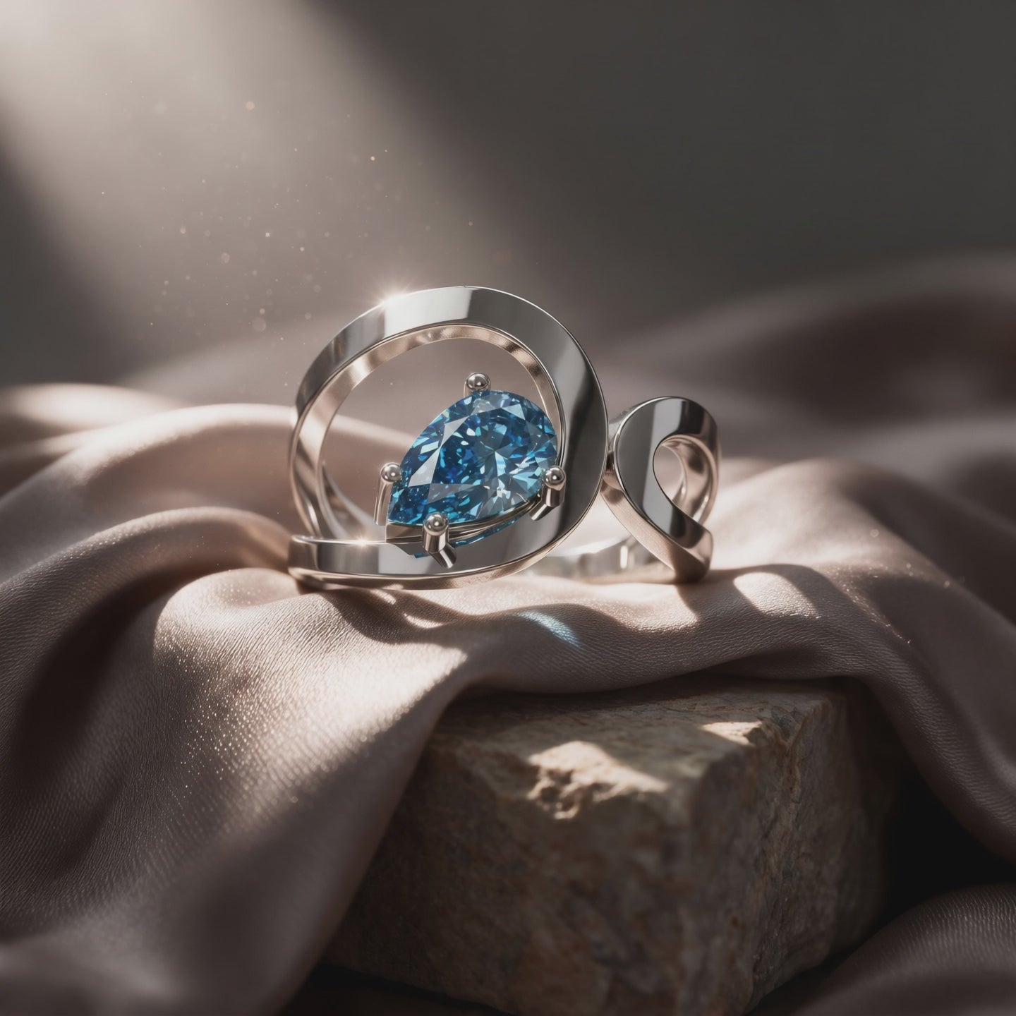 Vidéo bague Loop solitaire diamant poire bleu sur satin - Lauredi